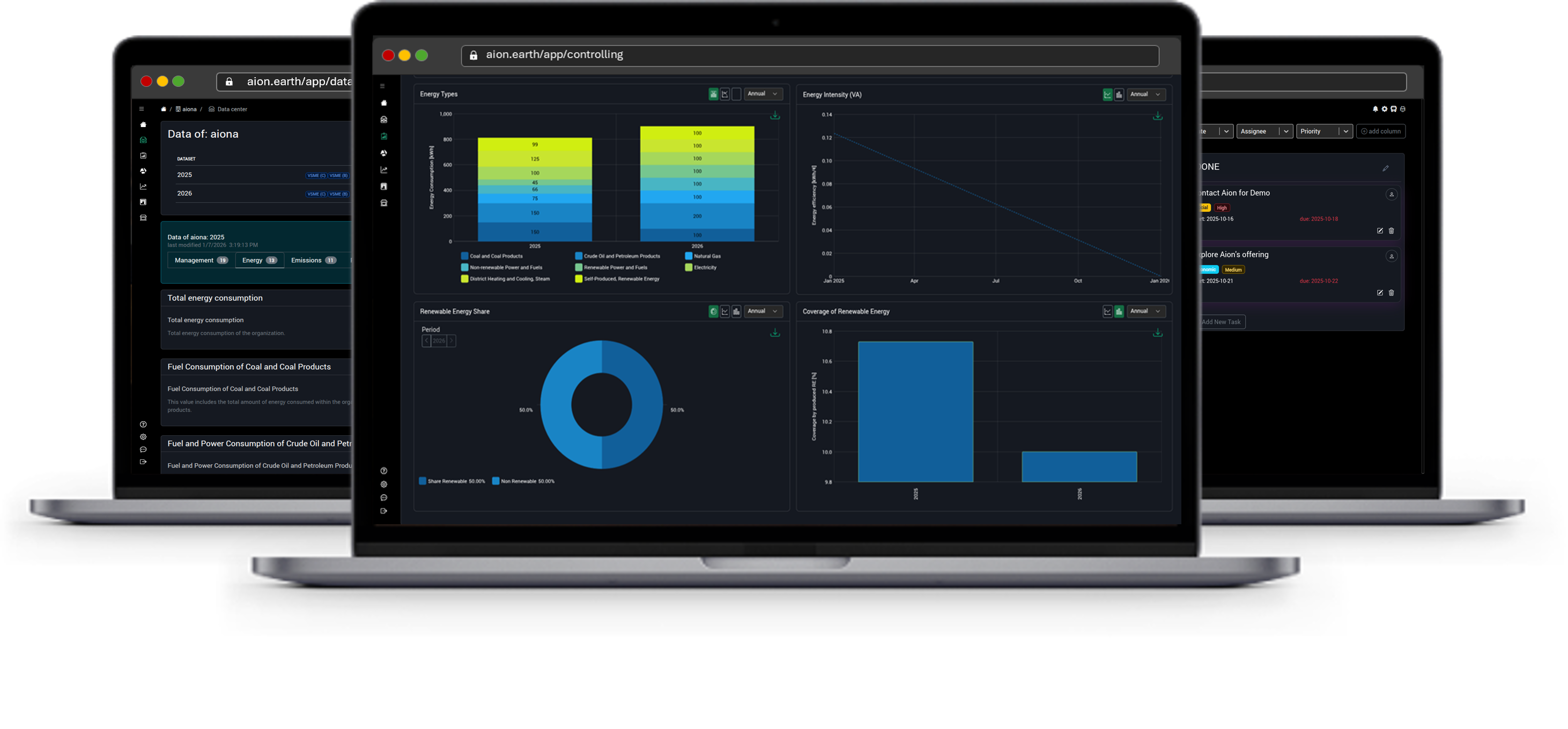 image: three product mockups showing sustainability platform